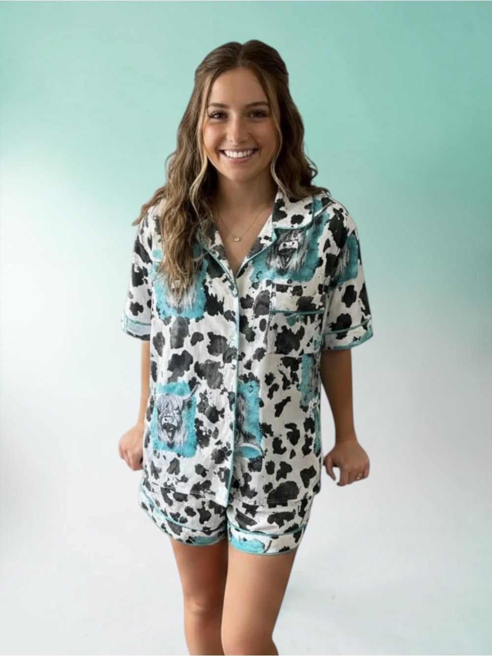 Cow Print Button-Front Short Pajama Set in Teal and Black EUC size L